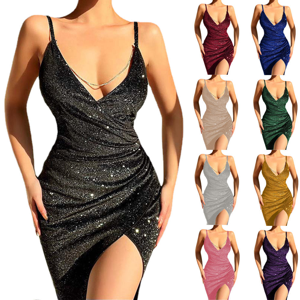Damen Wickelkleid Hochgeschlitzt Glitzernd - Norvielle
