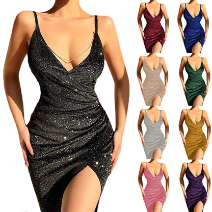 Damen Wickelkleid Hochgeschlitzt Glitzernd - Norvielle