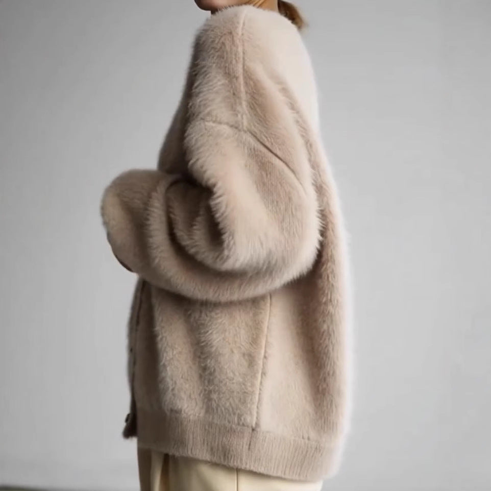 Damen Strickjacke V-Ausschnitt Flauschig Große Knöpfe