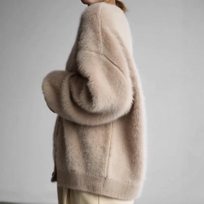 Damen Strickjacke V-Ausschnitt Flauschig Große Knöpfe