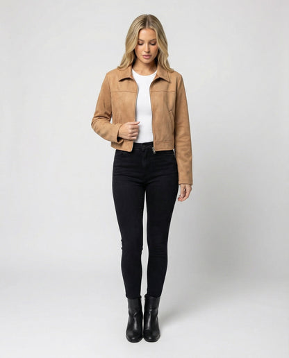 Damen Lederjacke Kurz Wildleder Schnellverschluss