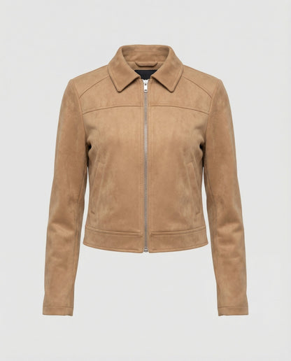 Damen Lederjacke Kurz Wildleder Schnellverschluss