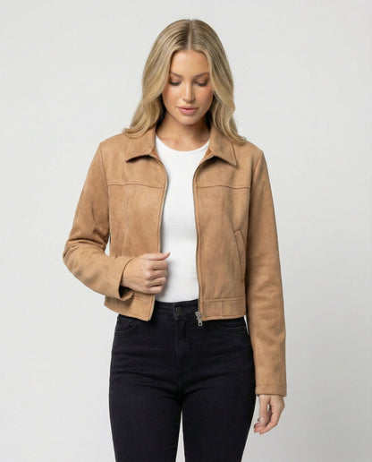 Damen Lederjacke Kurz Wildleder Schnellverschluss Schwarz - Norvielle