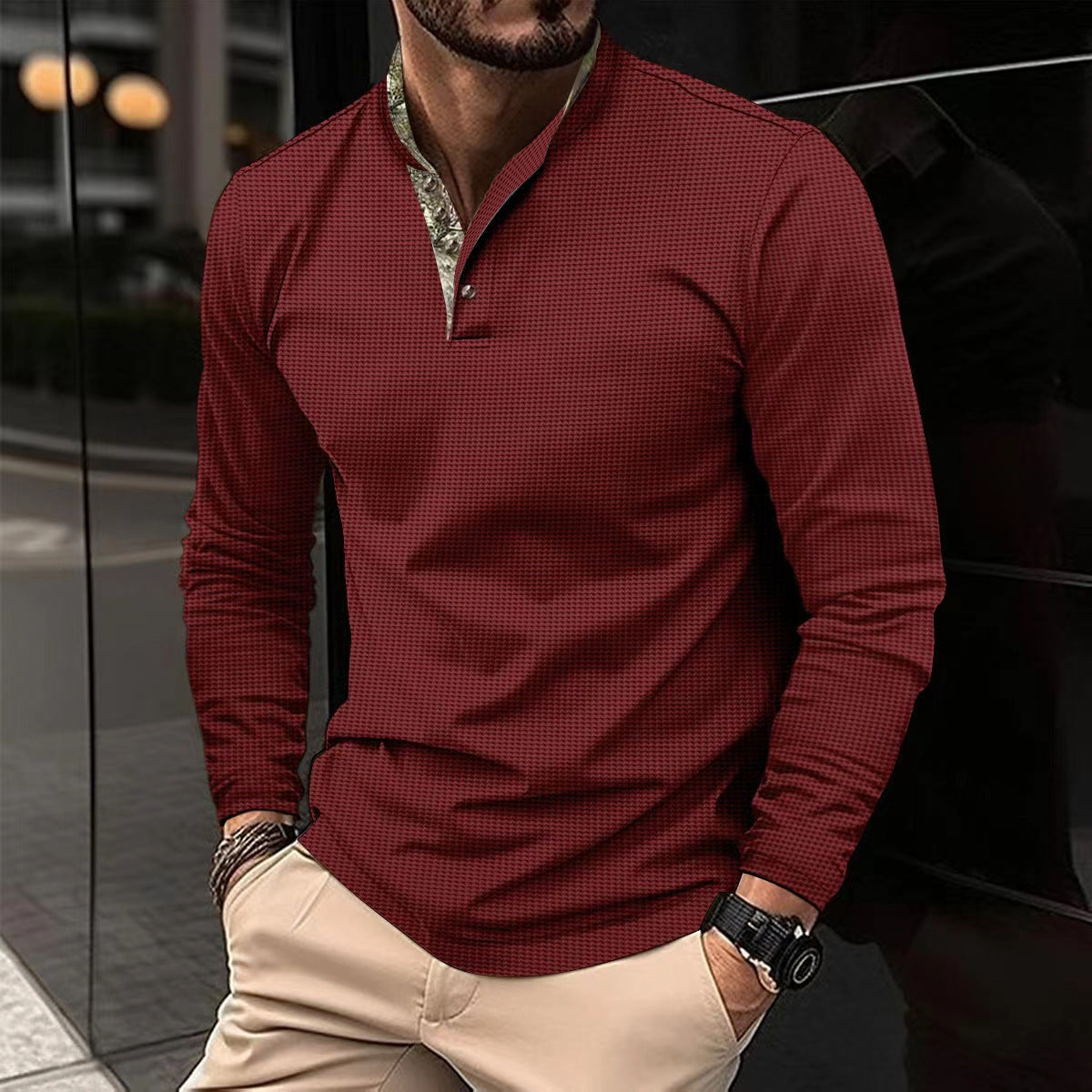 Herren Langarmhemd Stehkragen Elegantes Design Weiss