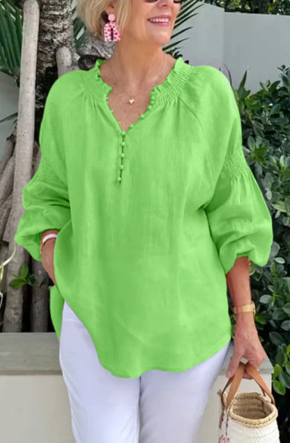 Damen Bluse Elastisch Puffärmel Mit Knöpfen