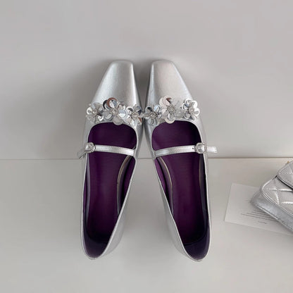 Damen Ballerinas Blumenmuster Glänzend