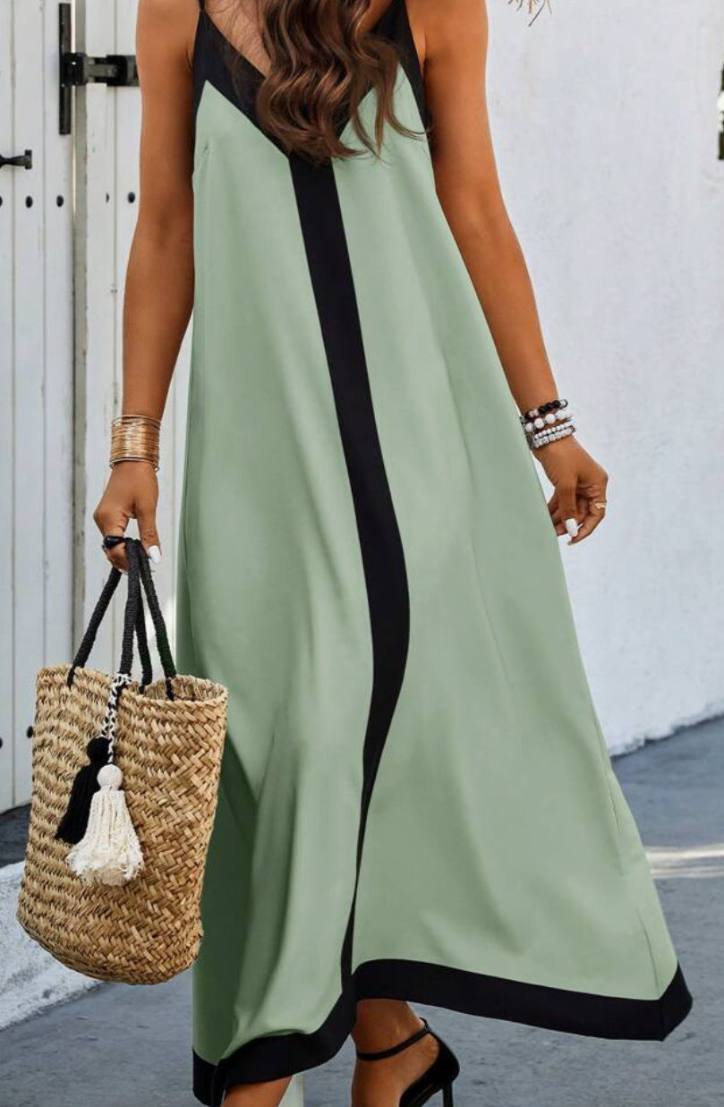 Damen Maxi-Kleid V-Ausschnitt Kontrastdetails Modern