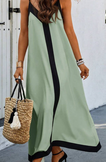 Damen Maxi-Kleid V-Ausschnitt Kontrastdetails Modern