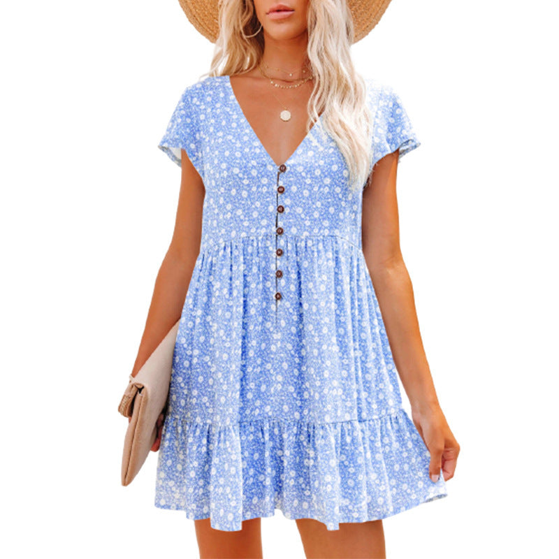 Damen Sommerkleid Blumenmuster Knöpfe Elegant