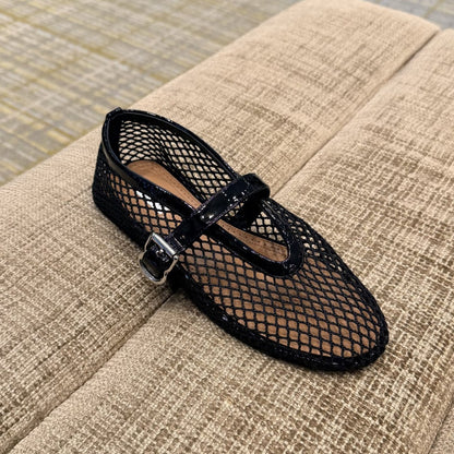 Damen Ballerinas Netzdesign Elegante Schnalle Schwarz - Norvielle