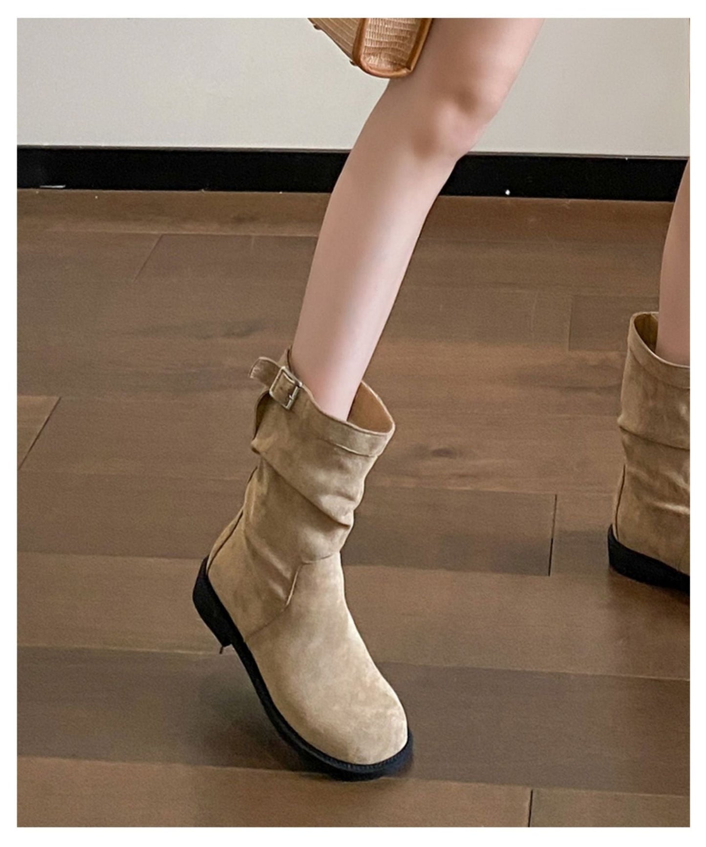 Damen Stiefel Schnalle Falten Design