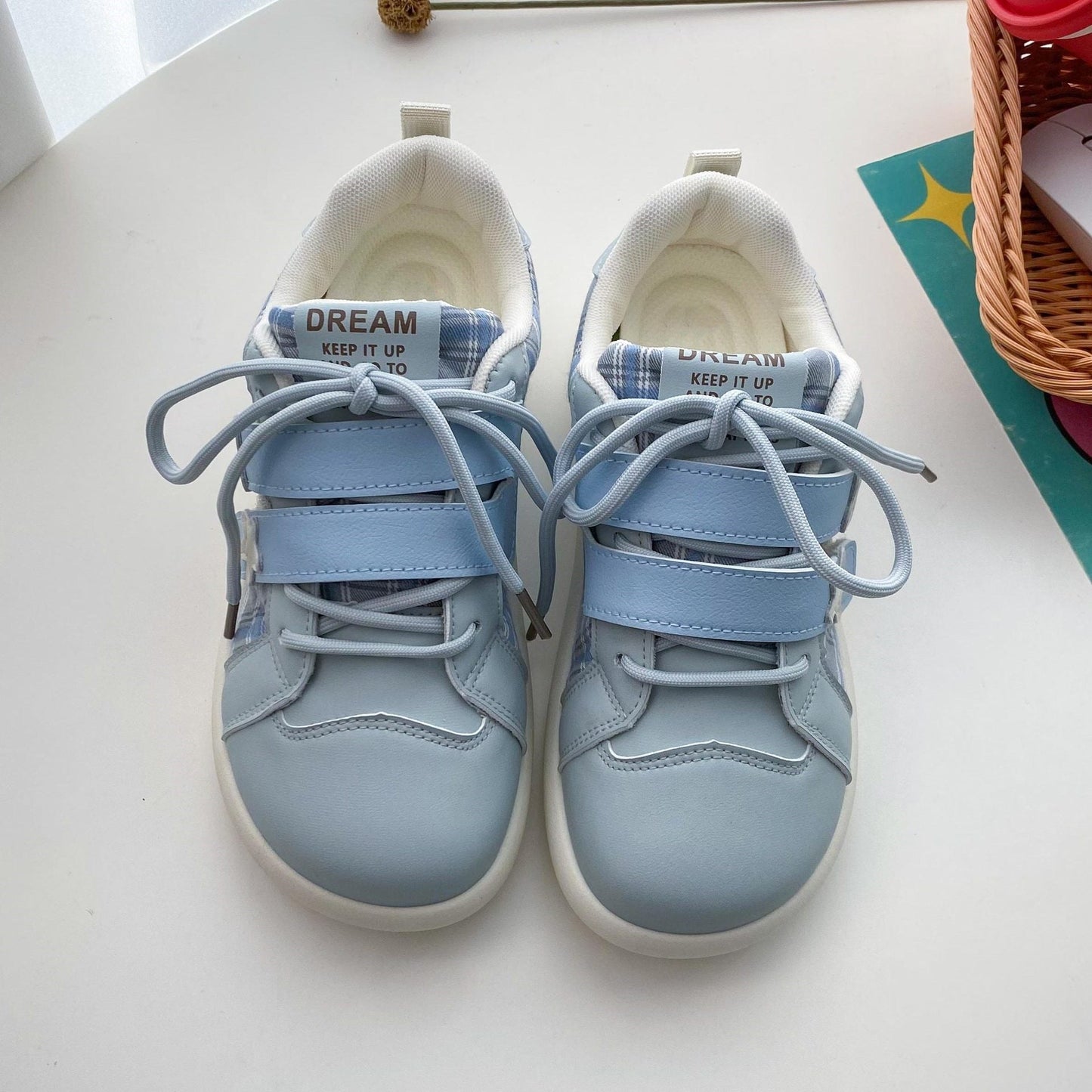 Damen Sneaker Karomuster Weich Klettverschluss