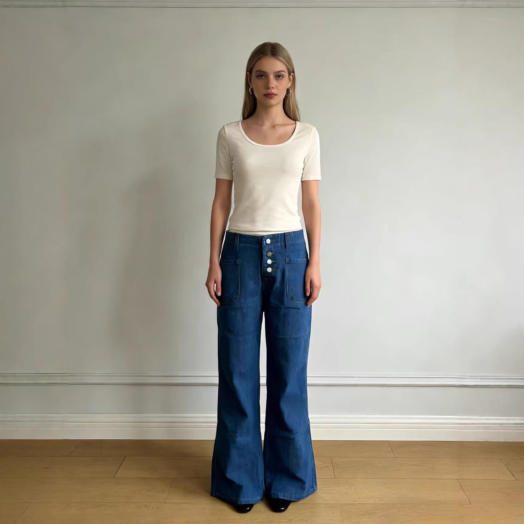 Damen High Waist Bootcut Jeans mit Knopfleiste - Norvielle