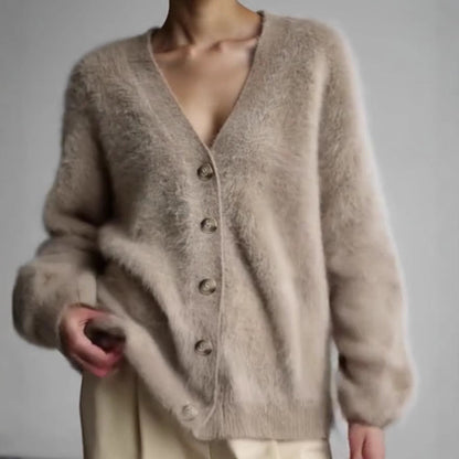 Damen Strickjacke V-Ausschnitt Flauschig Große Knöpfe