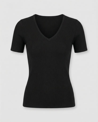 Damen T-Shirt Slim Fit V-Ausschnitt Kurzarm Baumwolle