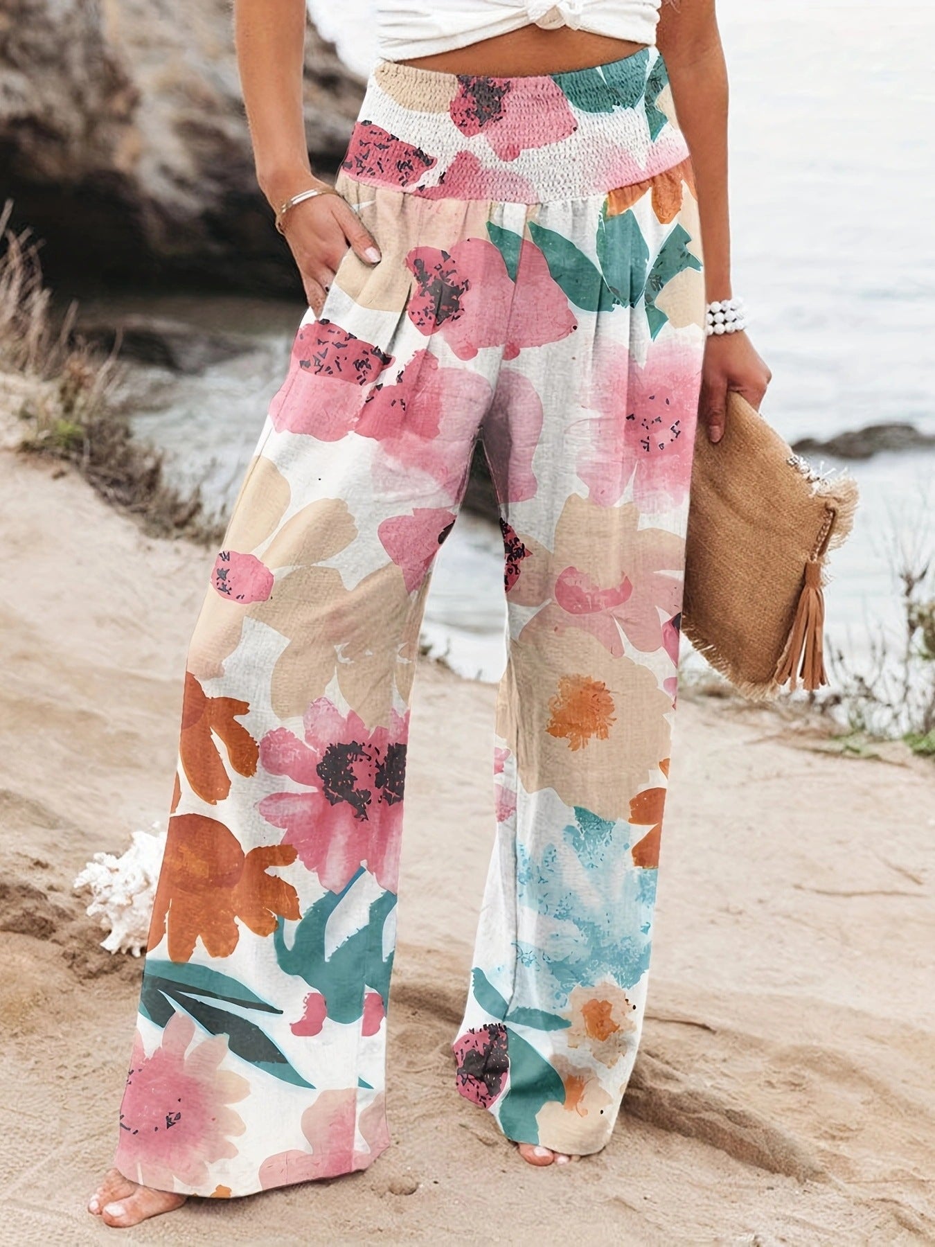 Damen Strandhose Bequem Elastisch Floral