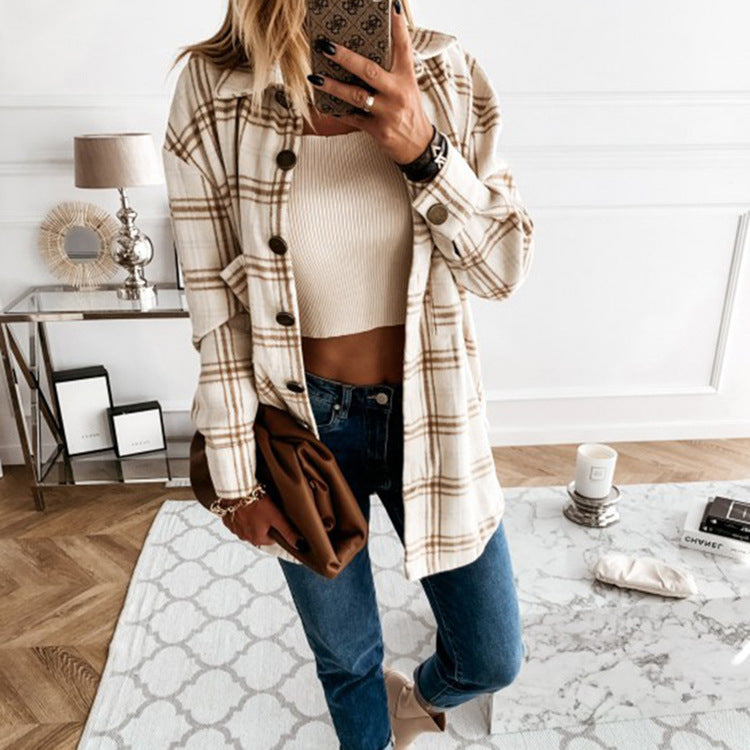 Damen Karobluse Mit Knöpfen Kariert Modern