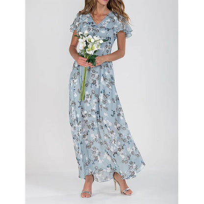 Damen Langarm Maxikleid Chiffon Blumenmuster - Norvielle