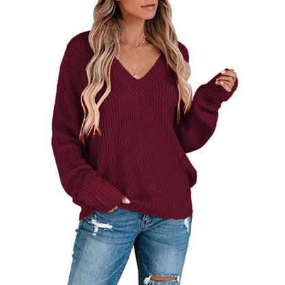 Damen Pullover Feinstrick V-Ausschnitt Elegantes Design