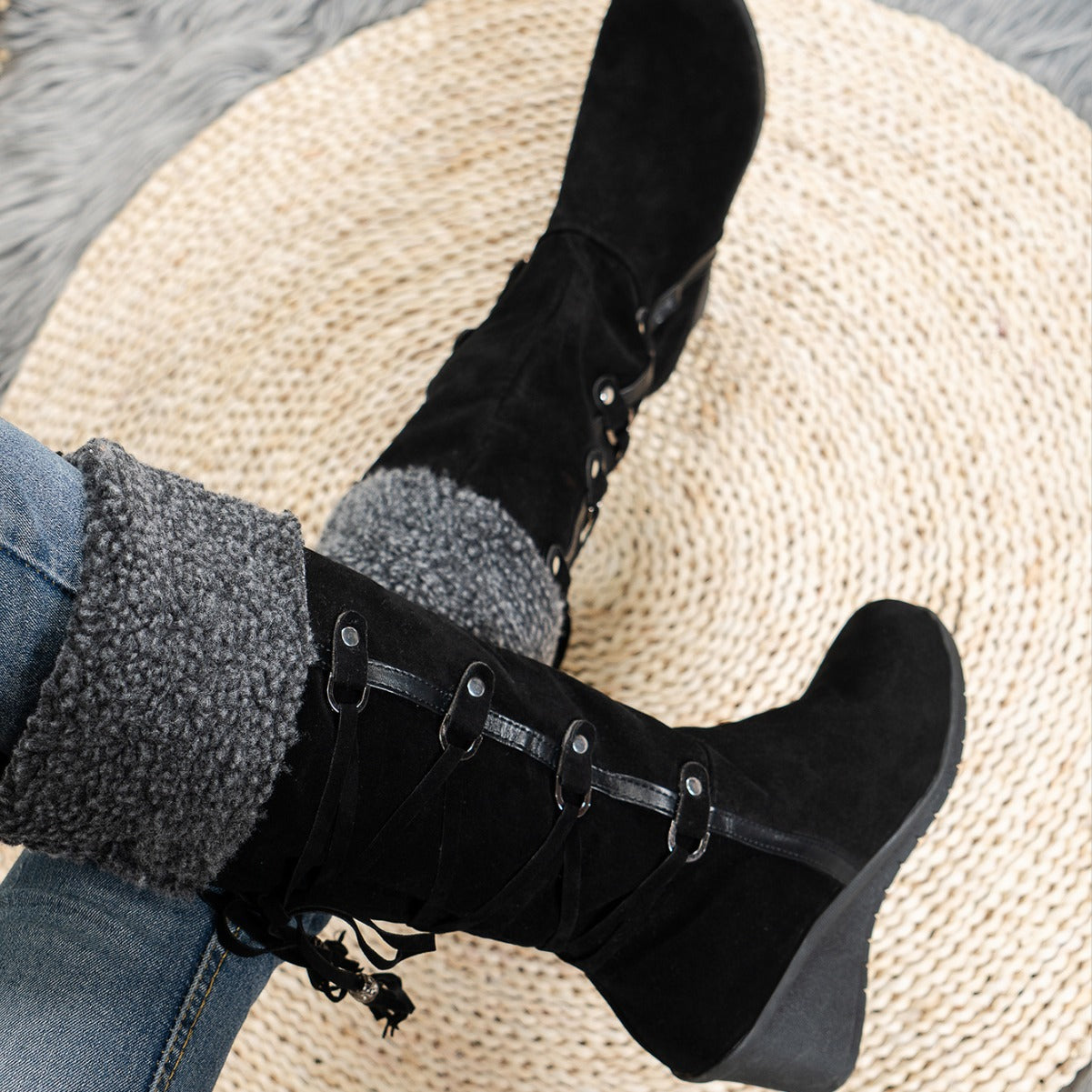 Damen Wedge Stiefel Kuschelig Schnürsenkel Hochzeitsfarbe e Schuhe