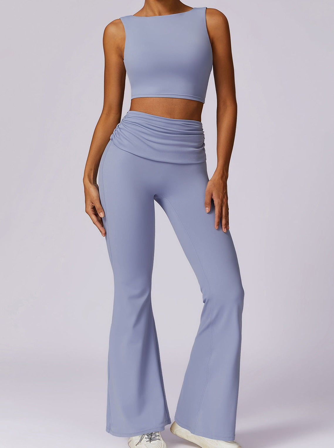 Damen High-Waist Flare Leggings Blau mit Faltbund