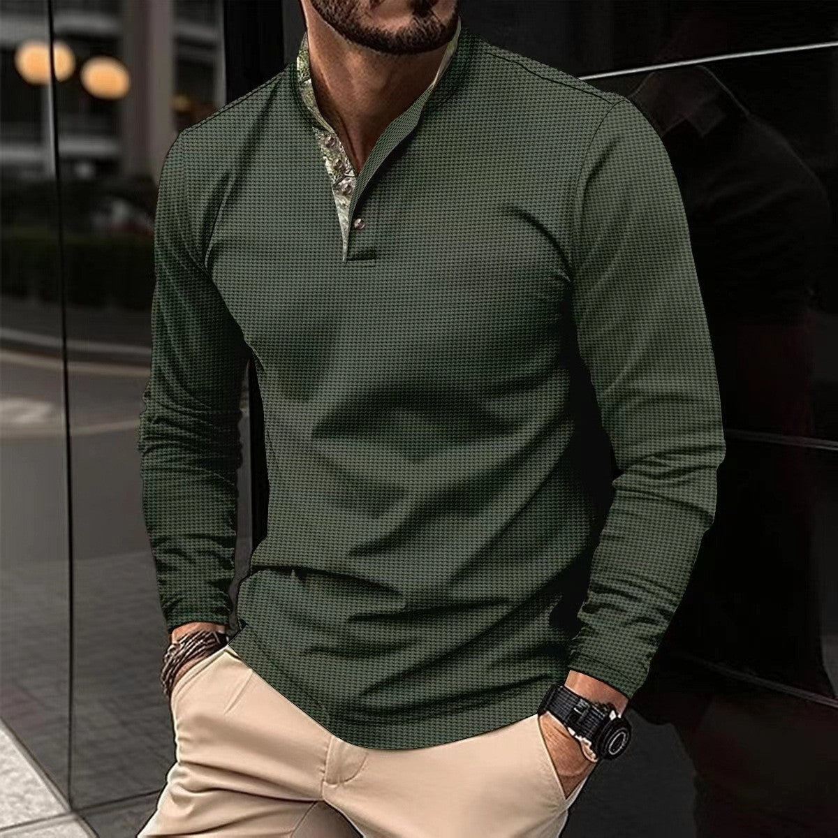 Herren Langarmhemd Stehkragen Elegantes Design Weiss