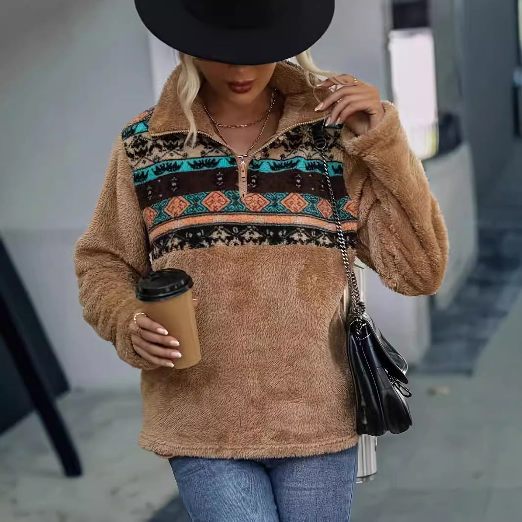 Damen Fleece Pullover Blumenmuster Halbhoch Reißverschluss