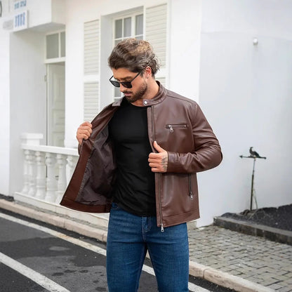 Herren Lederjacke Reißverschluss Ledermantel