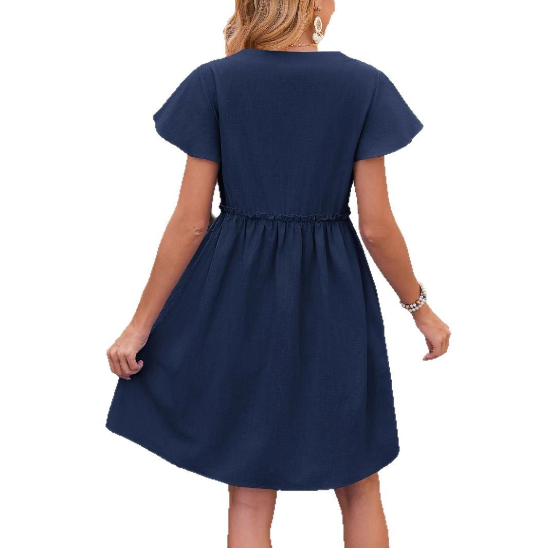 Damen Drehkleid Knöpfe Taschen Elegant Kurz