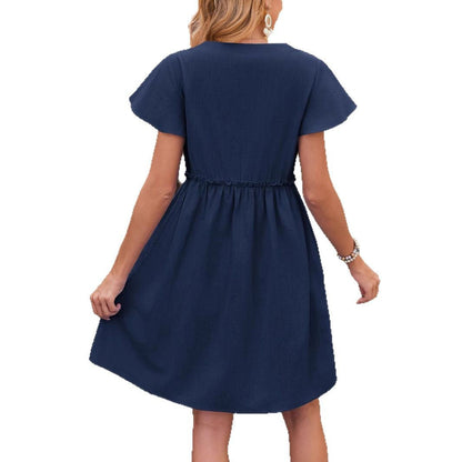 Damen Drehkleid Knöpfe Taschen Elegant Kurz