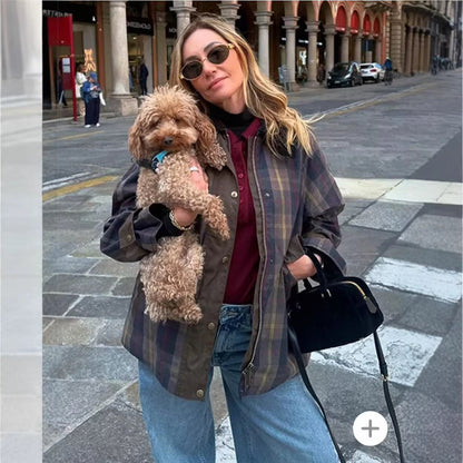 Damen Geruite Winterjacke Weich Bontkragen