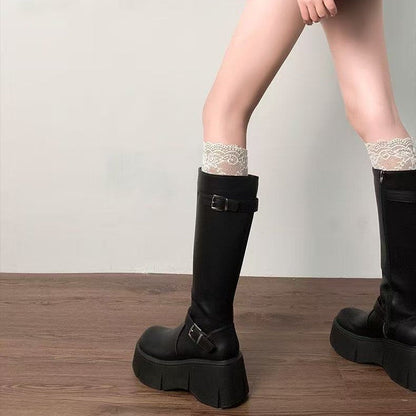 Damen Stiefel Mit Schnallen Schwarz Leder - Norvielle