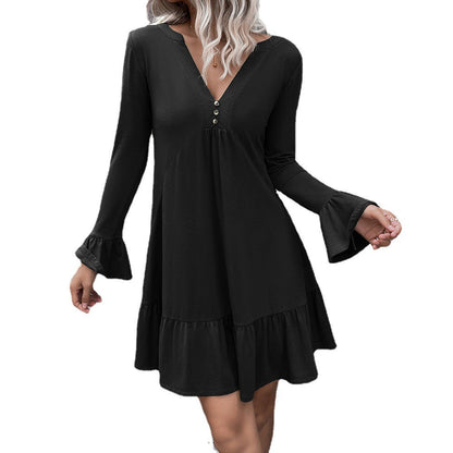 Damenkleid V-Ausschnitt Glockenärmel Elegant