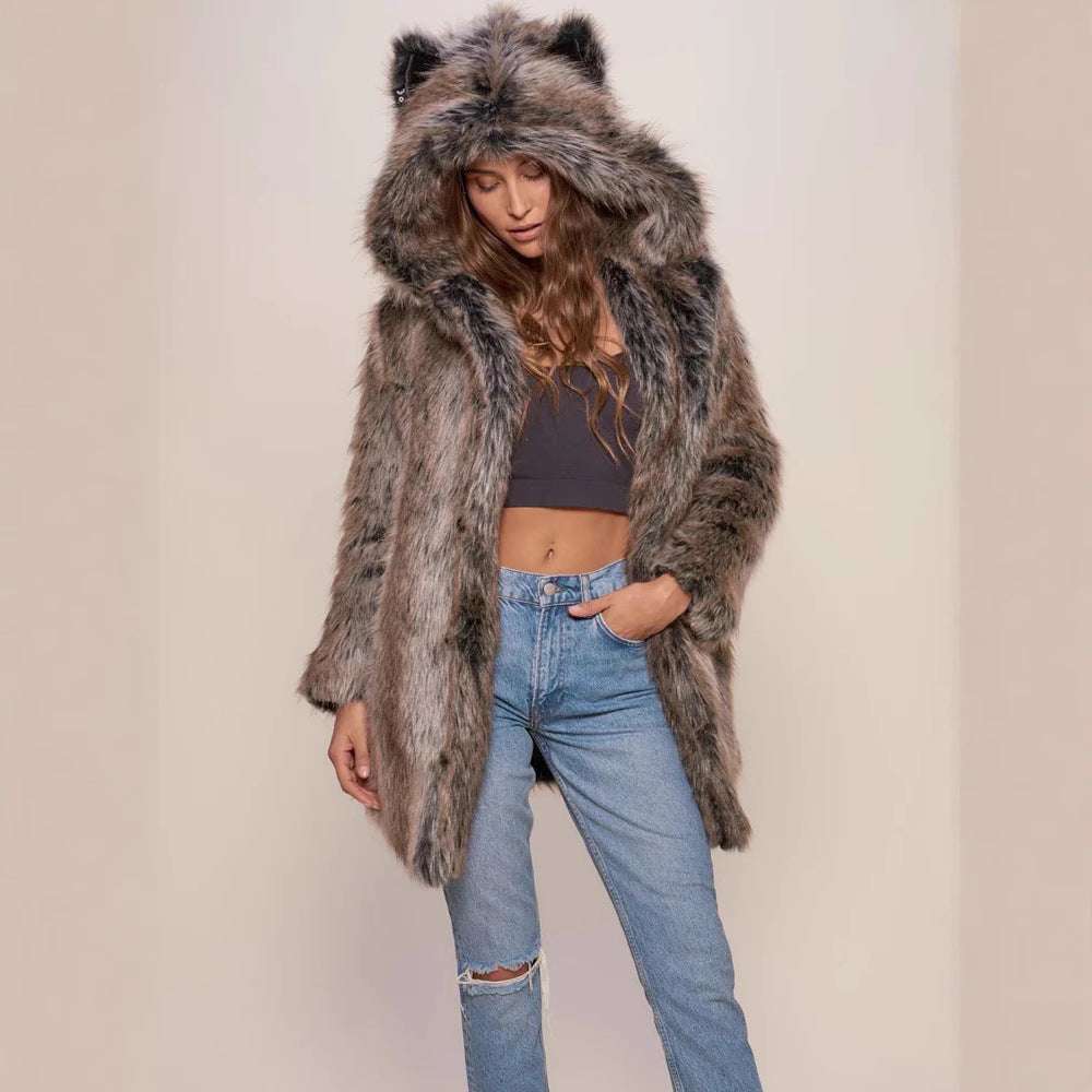 Damen Faux-Fur-Mantel Warm Kapuze Ohrenschützer - Norvielle