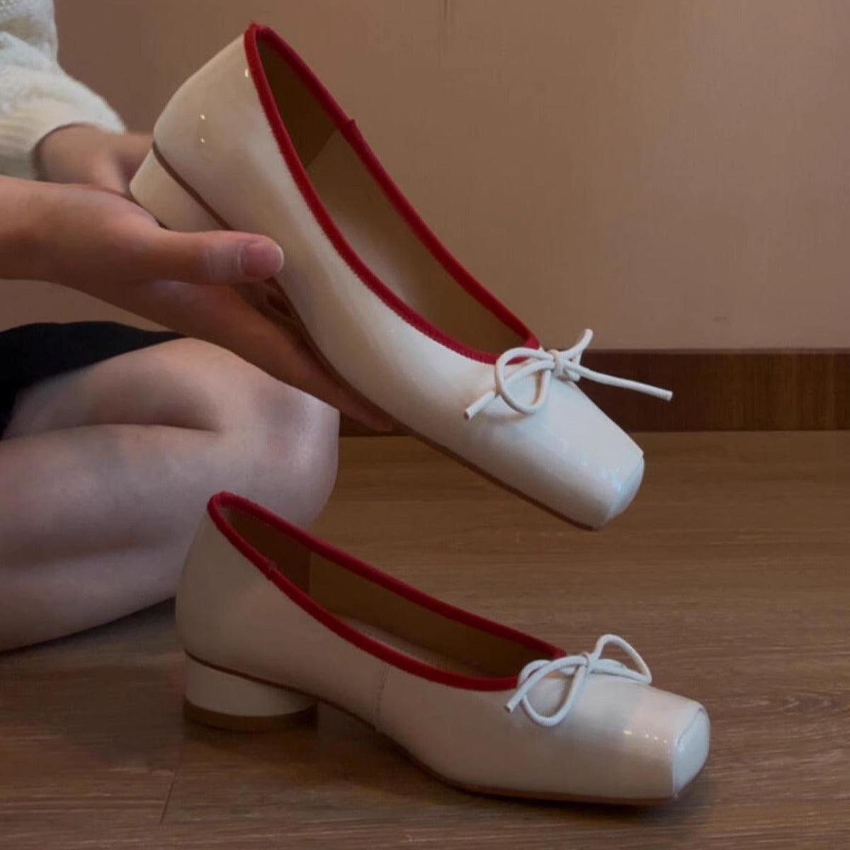 Damen Ballerinas Glänzend Spitze mit Schleife