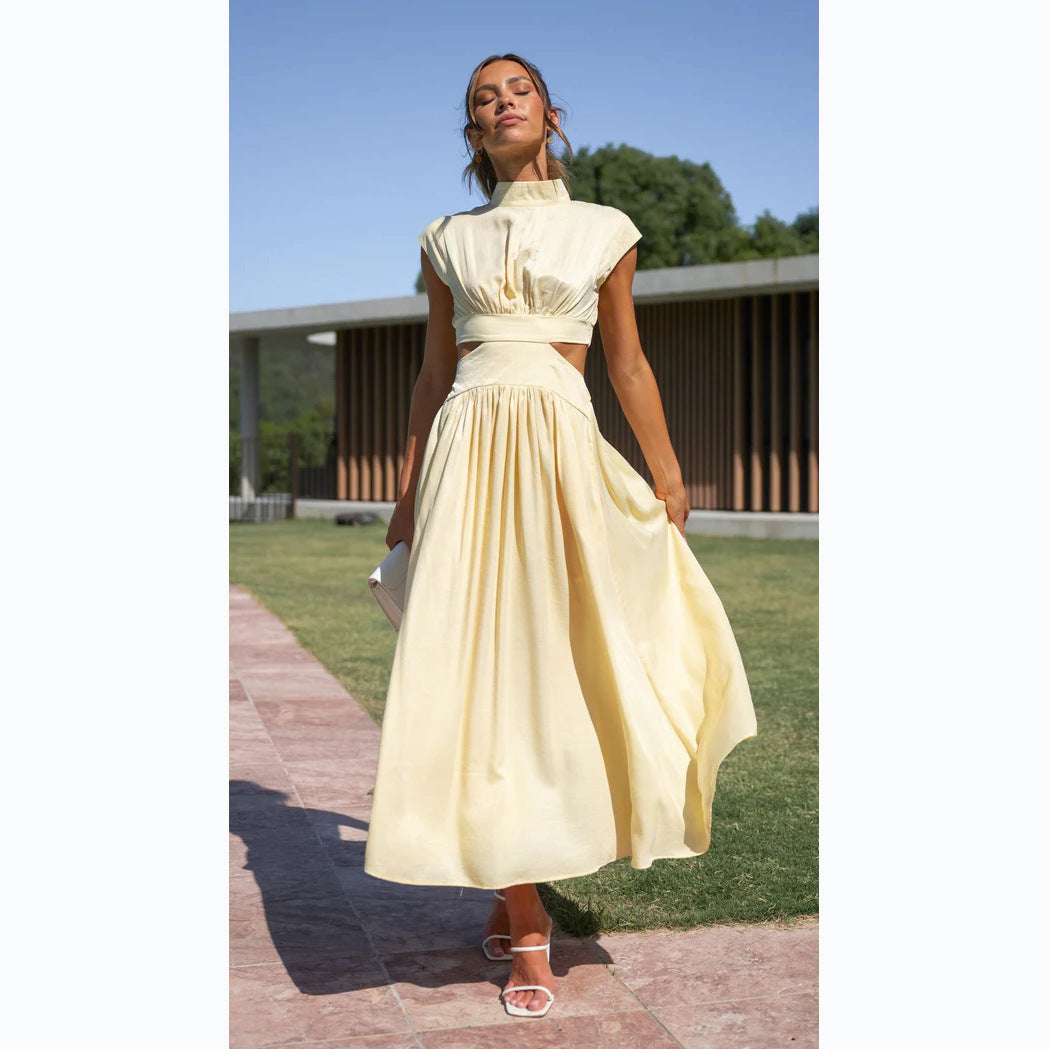 Damen Maxikleid Stehkragen Elegant Cut Out