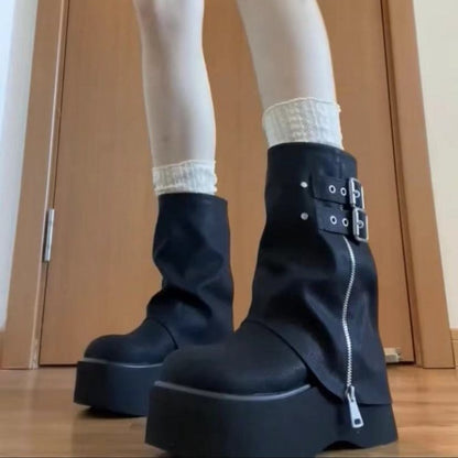 Damen Plateau Stiefel Mit Riemen Reißverschluss Modern Design