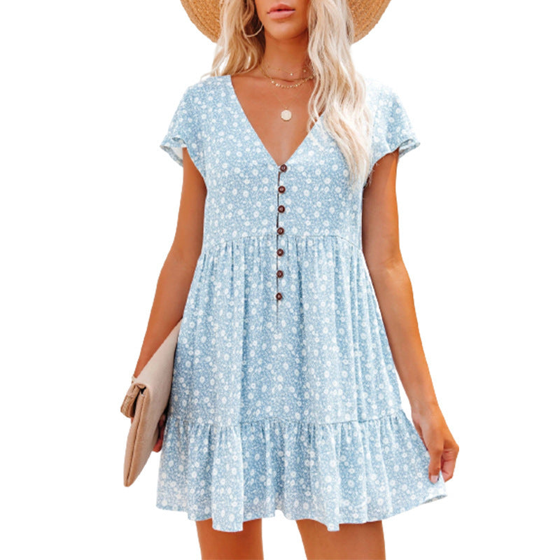 Damen Sommerkleid Blumenmuster Knöpfe Elegant