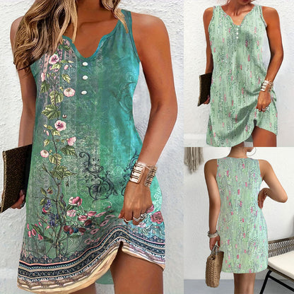 Damen Sommerkleid Ärmellos V-Ausschnitt Knöpfe Modern - Norvielle
