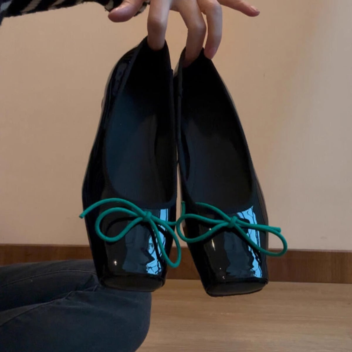 Damen Ballerinas Glänzend Spitze mit Schleife