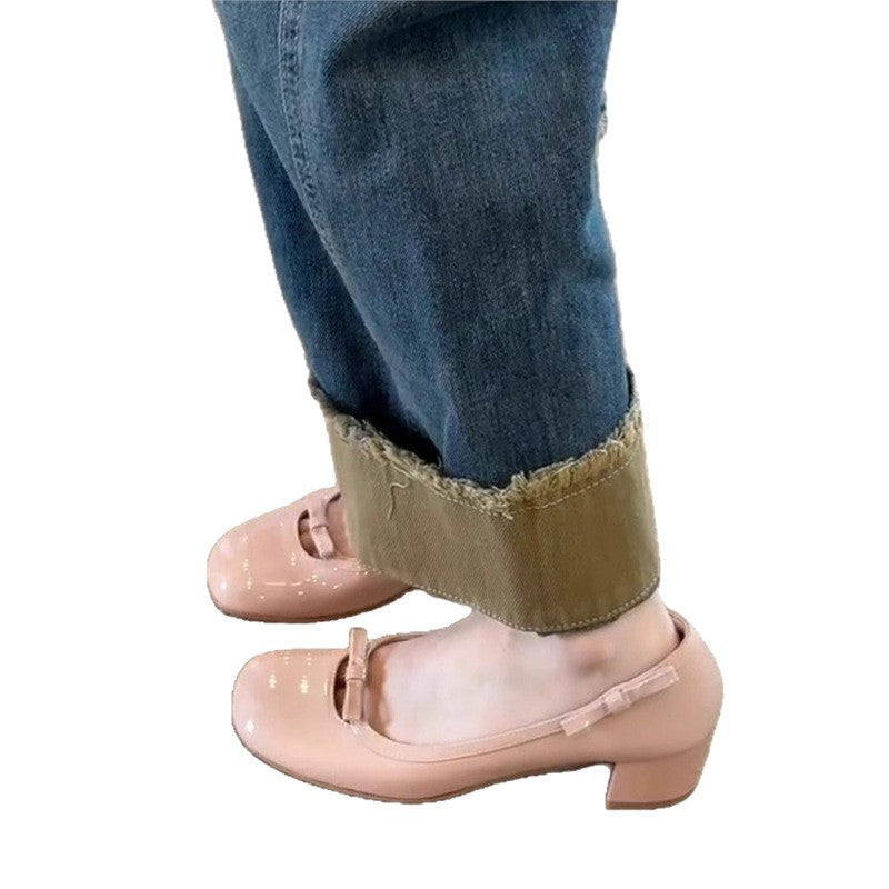 Damen Ballerinas Bequem Blüten Schnalle Blockabsatz