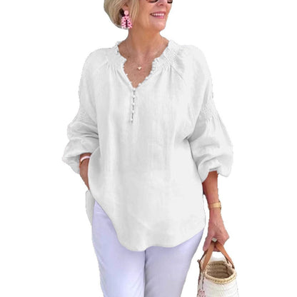 Damen Bluse Elastisch Puffärmel Mit Knöpfen