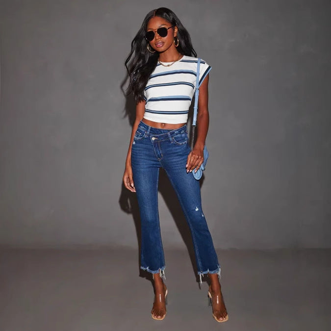Damenjeans Bootcut mit Fransen Dunkelblau