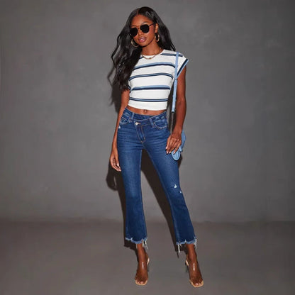 Damenjeans Bootcut mit Fransen Dunkelblau