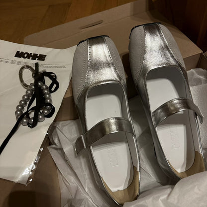 Damen Ballerinas Elegante Leder Schuhe Mit Riemenverschluss