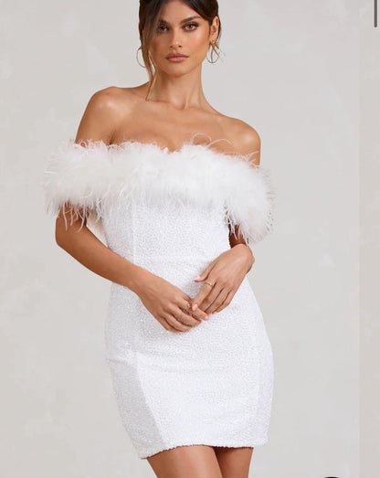Feder Minikleid Pailletten Off-Shoulder Partykleid