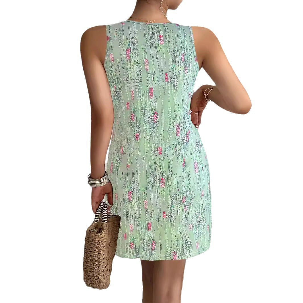 Damen Sommerkleid Ärmellos V-Ausschnitt Knöpfe Modern