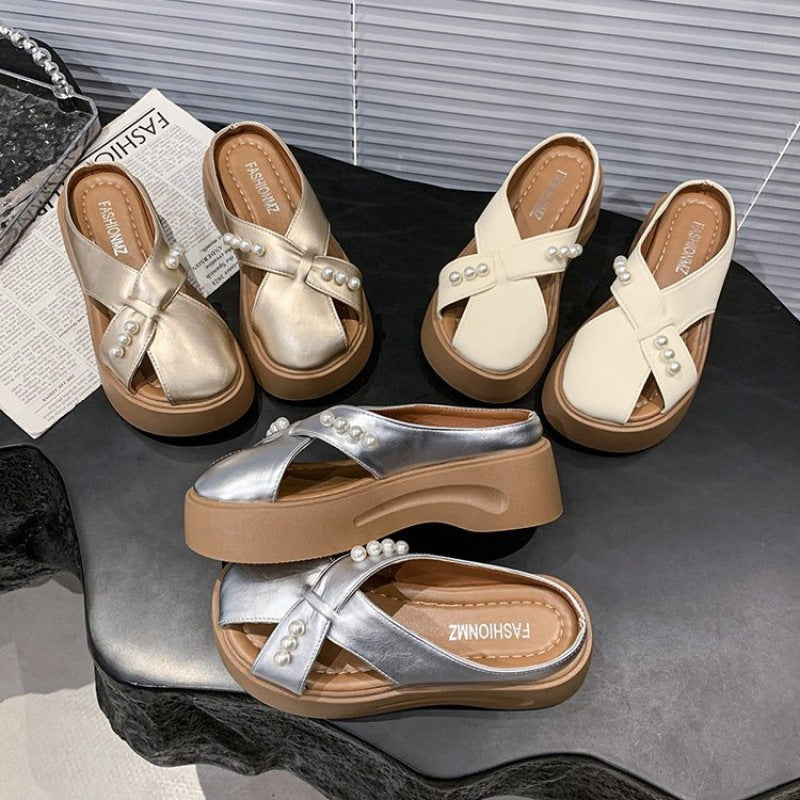 Damen Plateausandalen Perlen