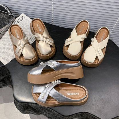 Damen Plateausandalen Perlen