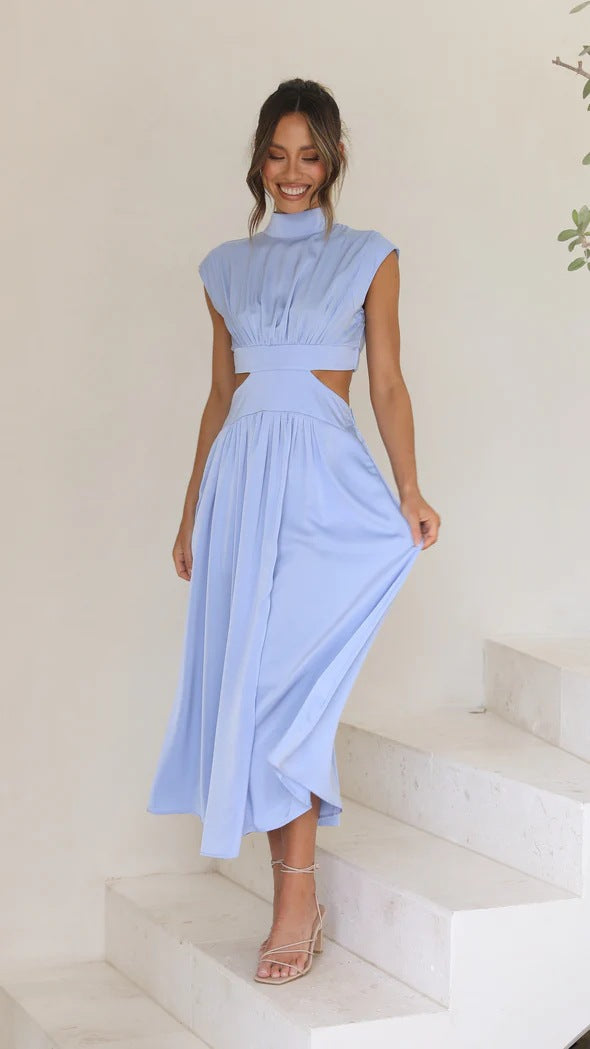 Damen Maxikleid Stehkragen Elegant Cut Out
